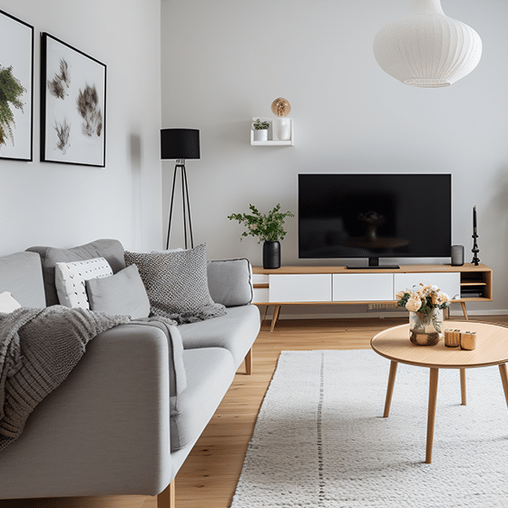Woonkamer met grijze bank en houten meubilair