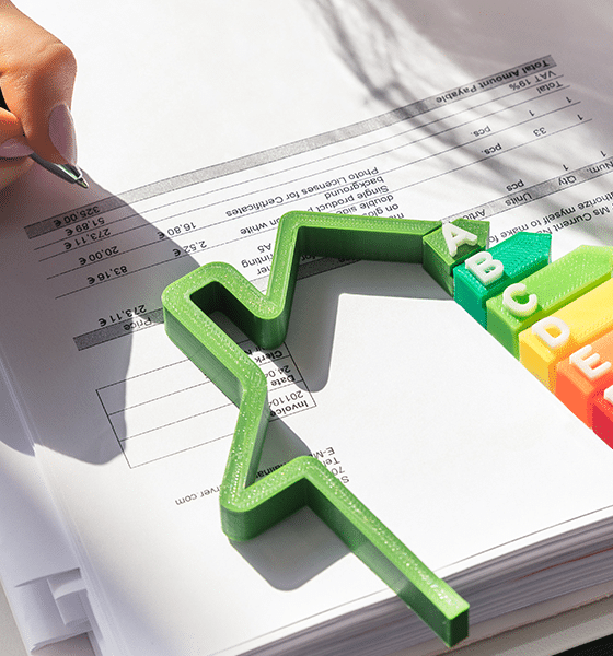 Document met een speelgoedhuis en energialbels