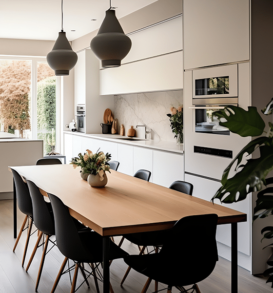 Eetkamer met witte keukenkasten
